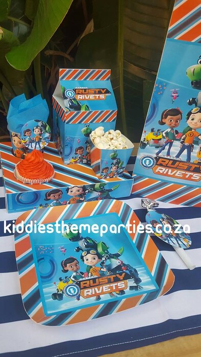Click on this photo to Zoom. Contact us via email for a complete price list. Our custom made Rusty Rivets party supplies include personalised pvc banners, party packs, movie boxes and more.